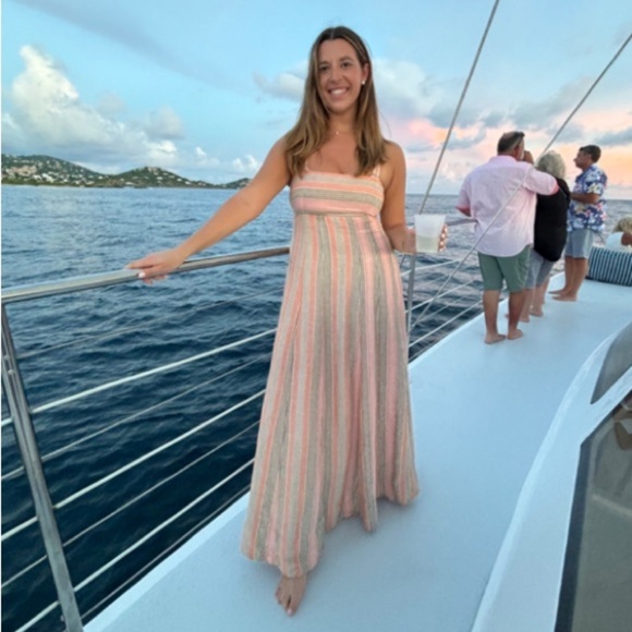 Anthropologie Maeve Square-Neck Tie-Back Maxi Dress Pink Stripe Linen Size 6 - Picture 5 of 16